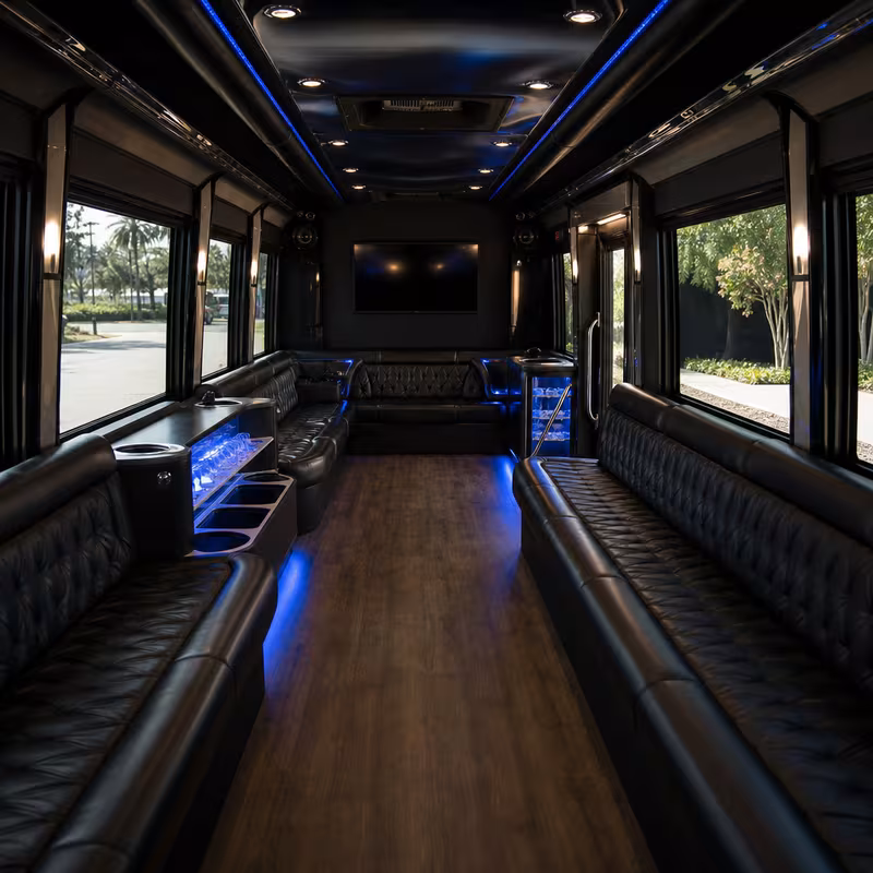 Friends laughing during a Washington party bus celebration