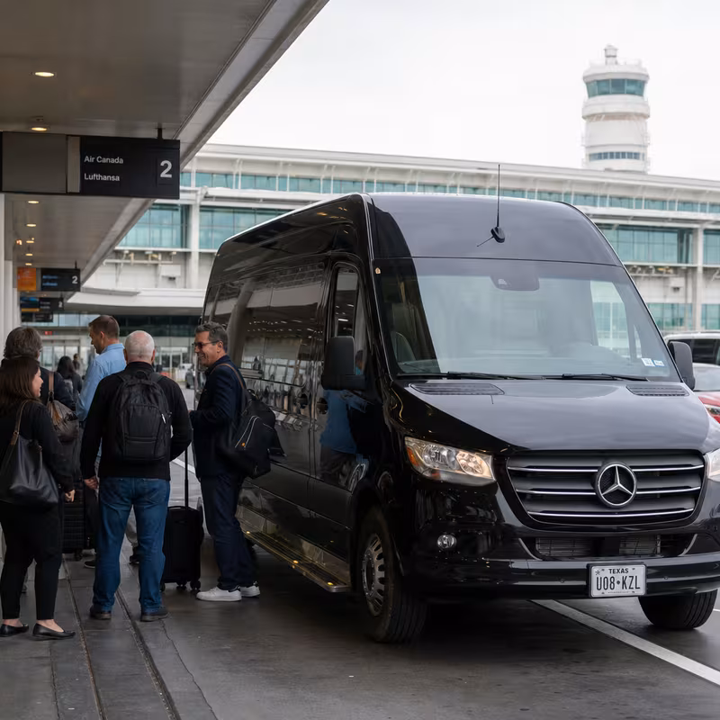 Group boarding a white charter bus for Airport Transportation transportation in Washington