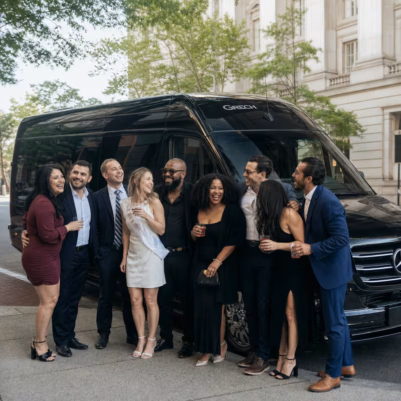 Group boarding a white charter bus for Bachelor & Bachelorette Transportation transportation in Washington