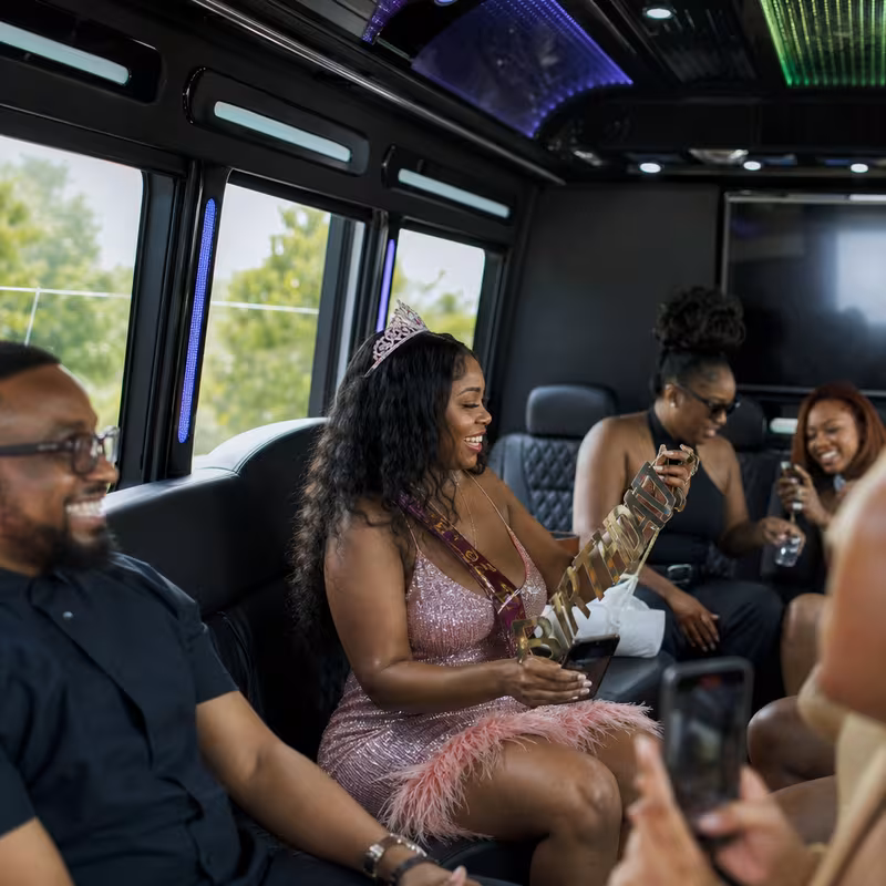 Black Mercedes Sprinter van staged for an Washington Birthday Transportation group