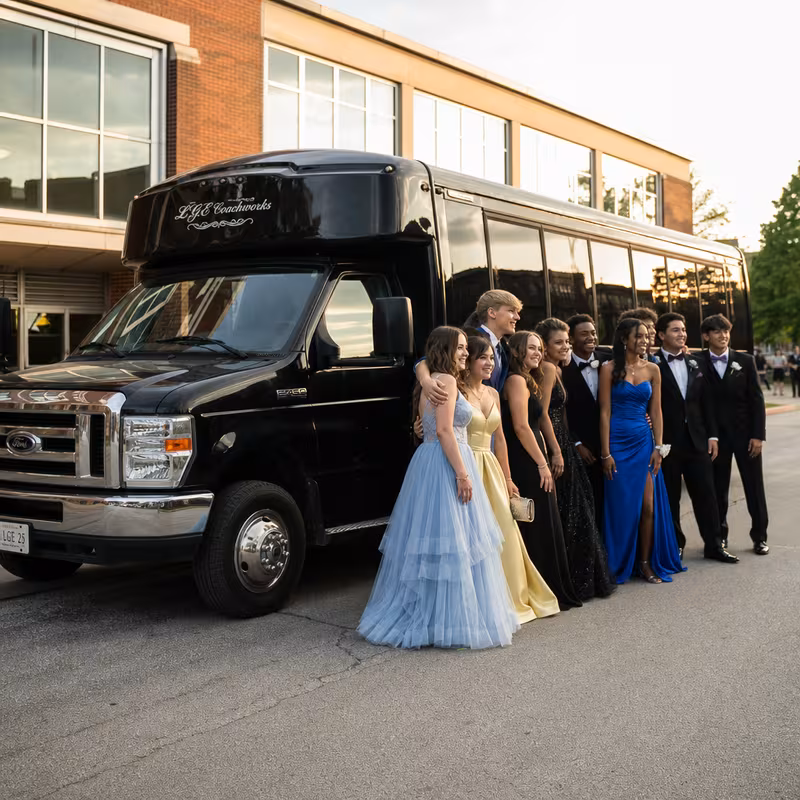 Group boarding a white charter bus for Prom & Homecoming Transportation transportation in Washington